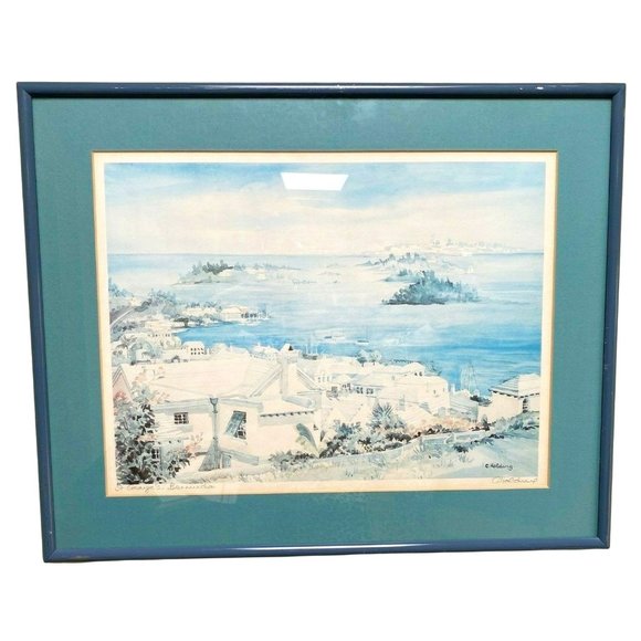 Carole Holding Watercolor Print St. Georges, Bermuda Framed 1993 Signed 22" x 17